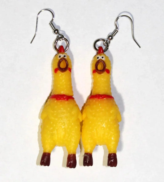 1Pair Squawking Rubber Chicken Earrings- Rooster Chick Novelty Gag Joke Jewelry