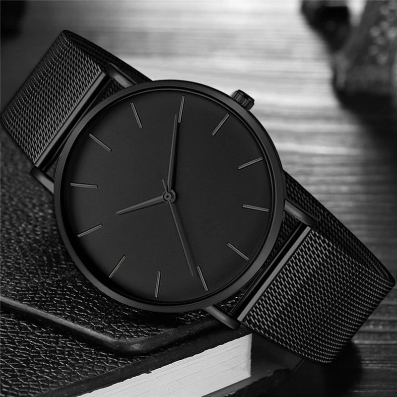 Black Men Watches Male Business Style Wristwatches Stainless Steel Quartz Watch Men Clock with Calendar Mesh Belt Relogio