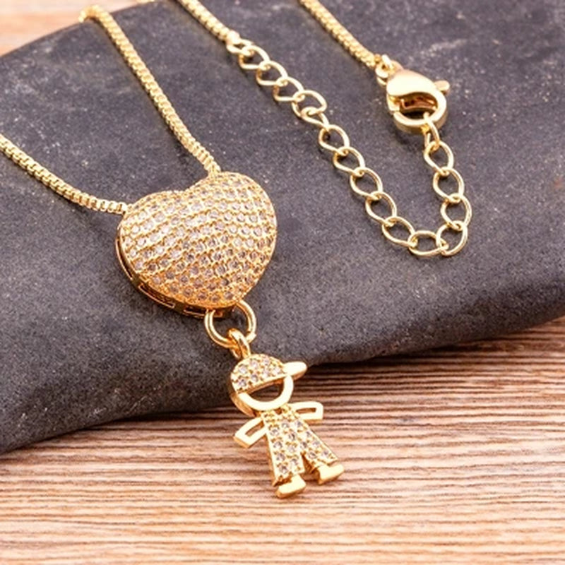 New Design 9 Styles Luxury Copper Zircon Boy Girl Heart Pendant Women Zircon Necklaces Chain Jewelry Charm Mother'S Day Gift