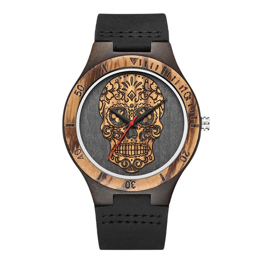 Cool Man Steampunk Skull Head Wooden Watch Men Skeleton Engraved Mexico Punk Rock Dial Clock Watches Relogio Masculino