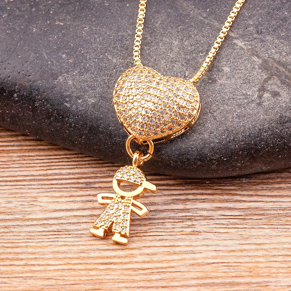 New Design 9 Styles Luxury Copper Zircon Boy Girl Heart Pendant Women Zircon Necklaces Chain Jewelry Charm Mother'S Day Gift