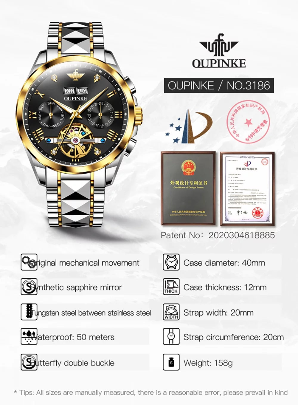 Automatic Watches for Men Self Winding Diamond Skeleton Luxury Dress Mens Watch Sapphire Crystal Tungsten Steel Band Luminous Waterproof Reloj Para Hombre, Gifts for Men