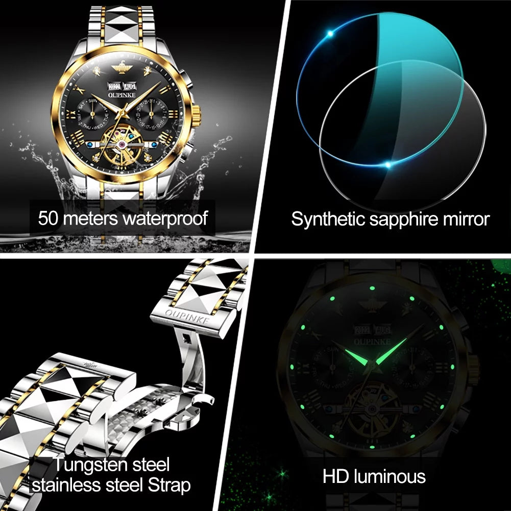 Automatic Watches for Men Self Winding Diamond Skeleton Luxury Dress Mens Watch Sapphire Crystal Tungsten Steel Band Luminous Waterproof Reloj Para Hombre, Gifts for Men