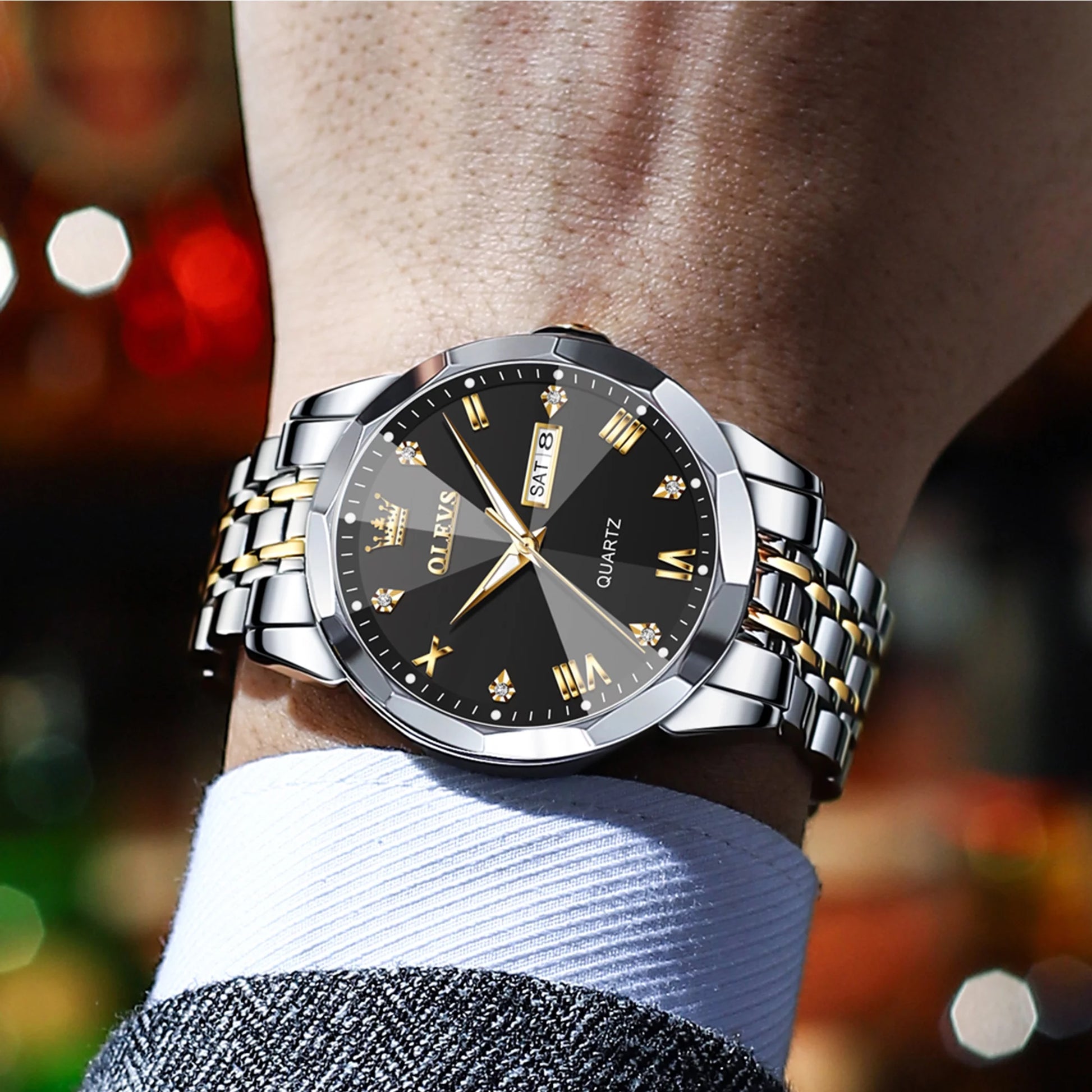 Watch for Men Diamond Luxury Casual Two Tone Stainless Steel Date Quartz Watch Waterproof Luminous, Gifts for Men, Adult Male Wristwatch