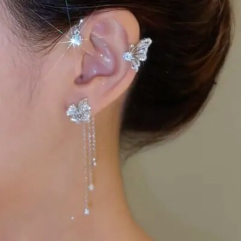 Silver Plated Metal Butterfly Ear Clips without Piercing for Women Sparkling Zircon Ear Cuff Clip Earrings Wedding Jewelry