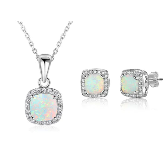 Opal Jewelry Sets for Women Square White Opal Necklace Earrings Wedding Bridal Jewelry Sets ()