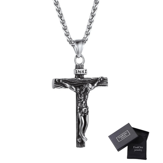 Men Cross Necklace Christian Crucifix Jewelry Stainless Steel Pendant Chain Jesus Christ Lord'S Prayer Pendant with 22Inch,Thanksgiving Day Gift Chain