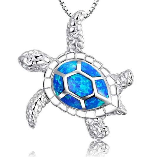 Bohemia Blue Imitation Opal Cute Turtle Animal Pendant Necklace for Women Charm Crystal Ocean Animal Necklaces Jewelry for Women