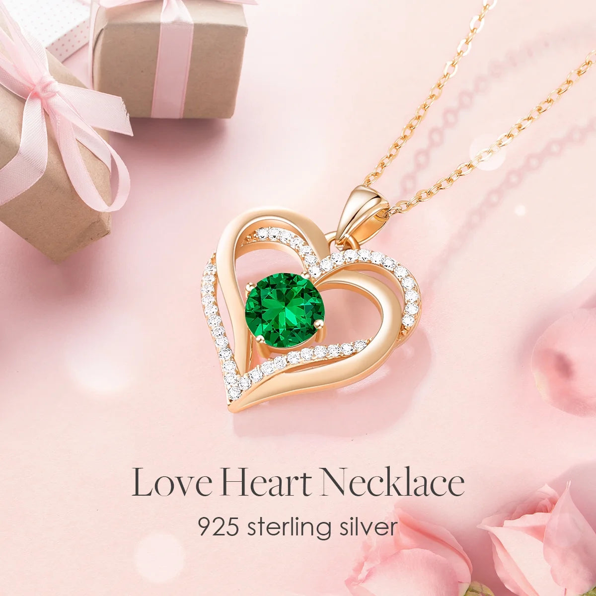 Love Heart Pendant Necklaces for Women 925 Sterling Silver with Birthstone Zirconia Rose Gold Diamond Anniversary Jewelry Best Gift Ideas for Women Fine Packing Gift Box